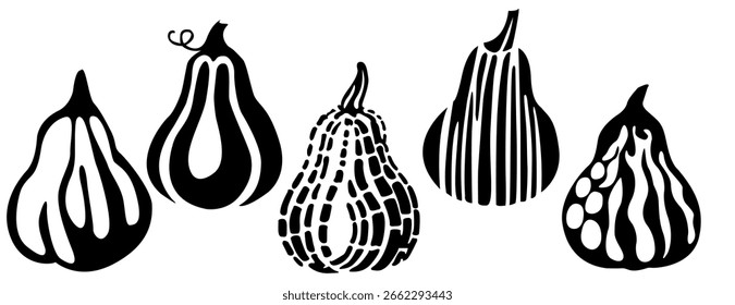 Minimalistische Vektorgrafik abstrakter Kürbisse im linearen Schwarzweiß-Stil. Perfekt für Herbstdesign, Verpackungen, Poster, Stoffdrucke und Halloween-Themen.