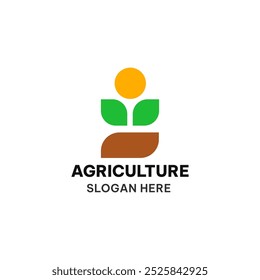 Logotipo de Ilustración vectorial minimalista para la agricultura. Icono simple con el suelo, la hoja y el elemento del sol