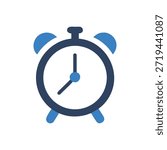 Minimalist vector illustration of an alarm clock in blue colors. Flat design style on White Background.