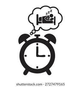 Uma ilustração vetorial minimalista de um despertador com uma bolha de pensamento mostrando uma cama e a palavra 'zzz'.