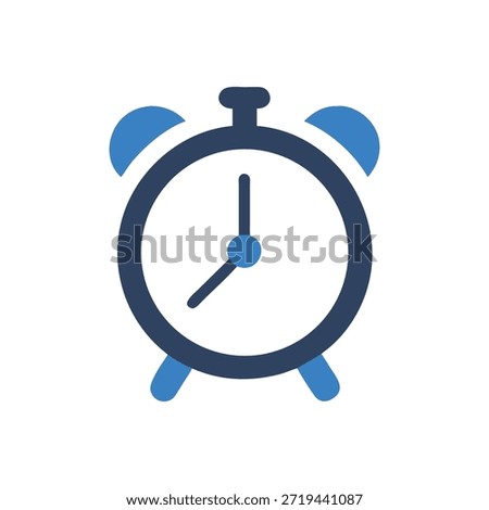 Minimalist vector illustration of an alarm clock in blue colors. Flat design style on White Background.