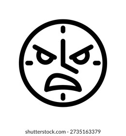 Minimalist vector illustration of an angry clock face showing time pressure, stress, and urgency with bold black lines on white background.
