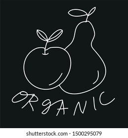 Minimalist vector illustration. Apple and pear in black and white. Simple lettering with the word Organic. Healthy fresh food related image