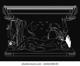 Um vetor minimalista ilustração de um contorno de aquário com peixes, desenhado em linhas brancas limpas contra um fundo preto. O design apresenta contornos suaves, criaturas aquáticas estilizadas e um moderno.