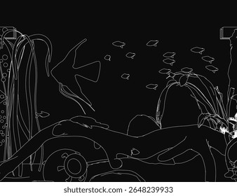 A minimalist vector illustration of an aquarium outline with stylized fish, drawn in clean white lines against a black background. The design features smooth contours, aquatic plants, and a modern.