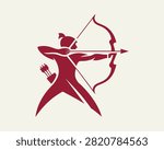 A minimalist vector illustration of an archer in a dynamic pose, drawing a bow and arrow, featuring a quiver on the back, isolated on white background.