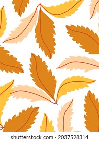 Minimalist vector illustration with autumn leaves on white background. Different fallen leaves in yellow, brown, ocher and pink colors. Decorative. Fall.