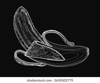 A minimalist vector illustration of a banana outline drawn with clean white lines on a black background. The simple line art style creates high contrast, emphasizing the open contour of the fruit.