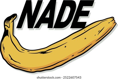 Minimalist vector illustration of a banana peel with the word “NADE” in bold inspired by Nike. Ideal for modern and commercial designs.