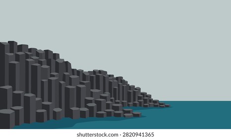 A minimalist vector illustration of basalt columns along a calm sea under a flat grey sky.