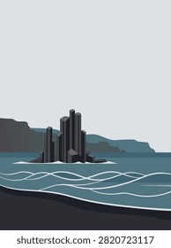 Minimalist vector illustration of basalt sea stacks rising from ocean waters near a black sand beach shore under an overcast sky.