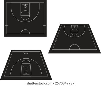 A minimalist vector illustration of a basketball court with a black background and white lines. The tilted perspective creates depth, perfect for graphic designs, sports posters, or modern backdrops.