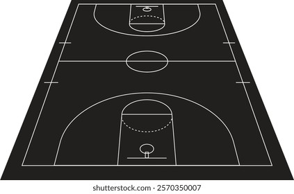 A minimalist vector illustration of a basketball court with a black background and white lines. The tilted perspective creates depth, perfect for graphic designs, sports posters, or modern backdrops.