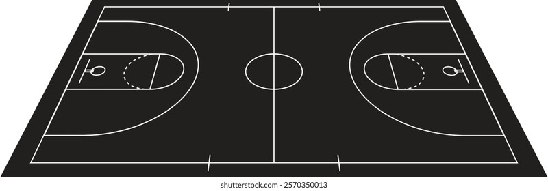 A minimalist vector illustration of a basketball court with a black background and white lines. The tilted perspective creates depth, perfect for graphic designs, sports posters, or modern backdrops.