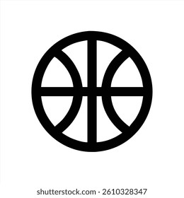 A minimalist vector illustration of a basketball featuring a black outline on a white background. The design emphasizes the classic shape and lines of a basketball.
