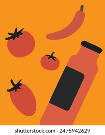 Minimalist vector illustration BBQ chili sauce vintage poster.  BBQ time. Minimalist Hand drawn poster design in vintage colors. Abstract wall art.  BBQ sauce background for cover, poster, ads.