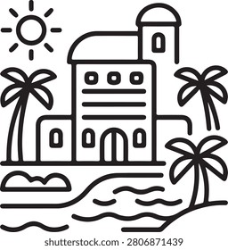 Minimalist vector illustration of a beach resort building surrounded by palm trees and ocean waves under a bright sun.