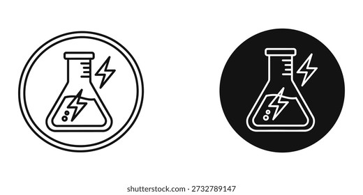 Ilustración vectorial minimalista de un vaso de precipitados con rayos, representando reacciones químicas y experimentos científicos.