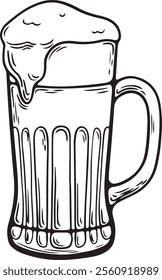 Minimalist vector illustration of a beer glass in a detailed line drawing style. For craft beer branding, brewery logos, pub menus, and packaging. 