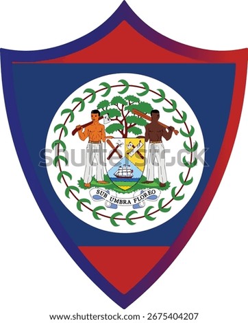 Minimalist vector illustration of Belize flag with blue and red stripes and detailed coat of arms.