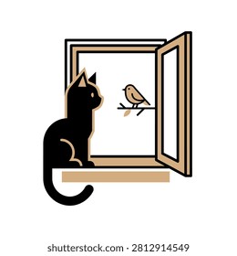 Minimalist vector illustration of a black cat sitting on a window ledge watching a small bird perched on branch