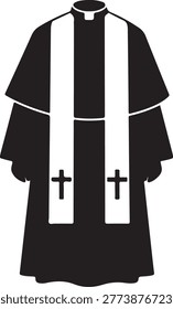 Minimalist vector illustration of a black clerical robe featuring white crosses on the sides, ideal for religious or ecclesiastical uses.
