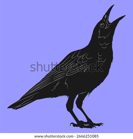 Minimalist vector illustration of a black crow standing and looking upward with its beak open, possibly cawing