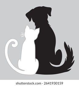 Minimalist vector illustration of a black dog and a white cat sitting side by side with their backs turned, forming a harmonious and balanced yin-yang shape