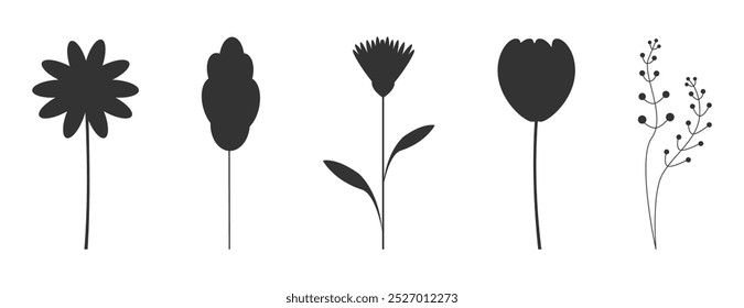 Minimalist vector illustration of black flower silhouettes, perfect for floral, nature, or botanical designs.