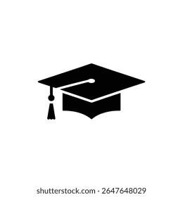 Minimalist vector illustration of a black graduation cap with a tassel. Isolated on a white background, the square academic cap symbolizes academic achievement and graduation.