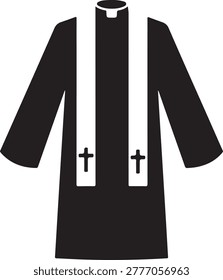 Minimalist vector illustration of a black religious cassock featuring crosses on the chest pockets, ideal for spiritual or ecclesiastical themes.