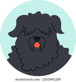 Minimalist vector illustration of a Black Russian Terrier panting with its tongue out, set against a light blue circular background, capturing the essence of this powerful breed