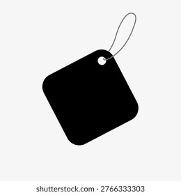 Minimalist vector illustration of a black square tag with rounded corners and a string, set against a plain white background.
