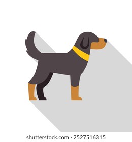 Ilustración vectorial minimalista de un perro negro y bronceado de pie con la cola meneando, con una sombra larga