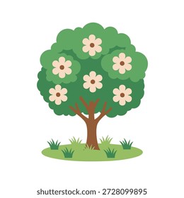 Uma ilustração vetorial minimalista de uma árvore florescente em uma mancha de grama