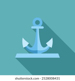Minimalist vector illustration of a blue anchor casting a long shadow, symbolizing stability and security on a vibrant turquoise background