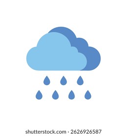 Minimalist vector illustration of a blue cloud with falling raindrops on a White Background in a flat style.