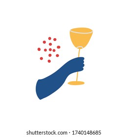 Ilustración vectorial minimalista. Mano azul sujetando el vaso de vino amarillo. Celebración, imagen relacionada con el partido. Elemento decorativo. Para tarjetas, afiches, papel.