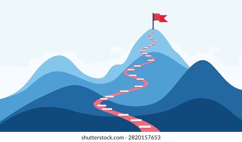 Minimalist vector illustration of blue layered mountain peaks featuring a winding pink path with white steps leading to a red flag on the highest summit against a clear sky background.