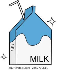 Ilustração vetorial minimalista de uma caixa de leite azul e branca com uma palha e brilhos divertidos
