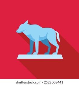 Ilustración vectorial minimalista de un lobo azul de pie en un pedestal, aislado sobre fondo rojo