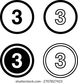 Ilustración vectorial minimalista de un número negro audaz “3” dentro de un contorno circular, aislado sobre un fondo blanco. Ideal para diseño UI-UX, rótulos, infografías, App y materiales educativos.