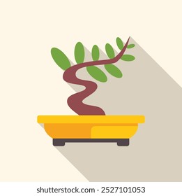 Minimalist vector illustration of a bonsai tree with green leaves growing from a yellow pot, isolated on a light background