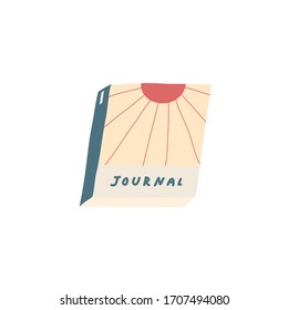 Minimalist vector illustration of  book, notebook. Cover with red sun and lettering. Journal. Decorative element.