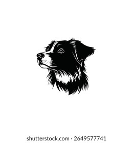 Minimalist vector illustration of a border collie dog's head in black and white, showcasing its distinctive markings and expressive gaze on a white background.