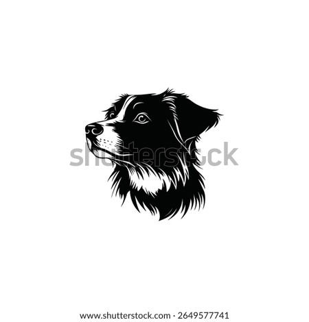Minimalist vector illustration of a border collie dog's head in black and white, showcasing its distinctive markings and expressive gaze on a white background.