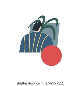 Ilustración vectorial minimalista con un niño, planta y formas geométricas. Un hombre de pie con la espalda vestido de azul con rayas. Para tarjetas, afiches, papel.