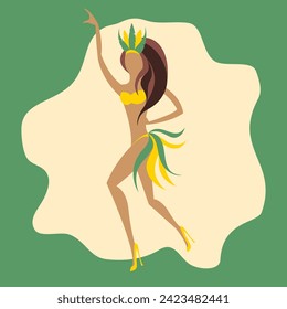 Minimalist vector illustration of a Brazilian woman dancing at carnival in green and yellow costume.