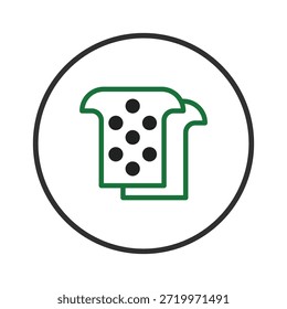 Minimalist vector illustration of bread slices featuring a green outline and black spots, perfect for icons or graphic elements in the food or baking industry. The clean, simple design is visually