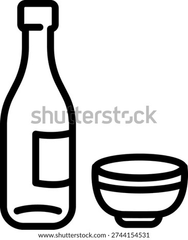 Minimalist vector illustration of a Breton cider bottle and traditional drinking bowl in clean black line art. Symbol of Brittany’s regional gastronomy and cider culture in France.